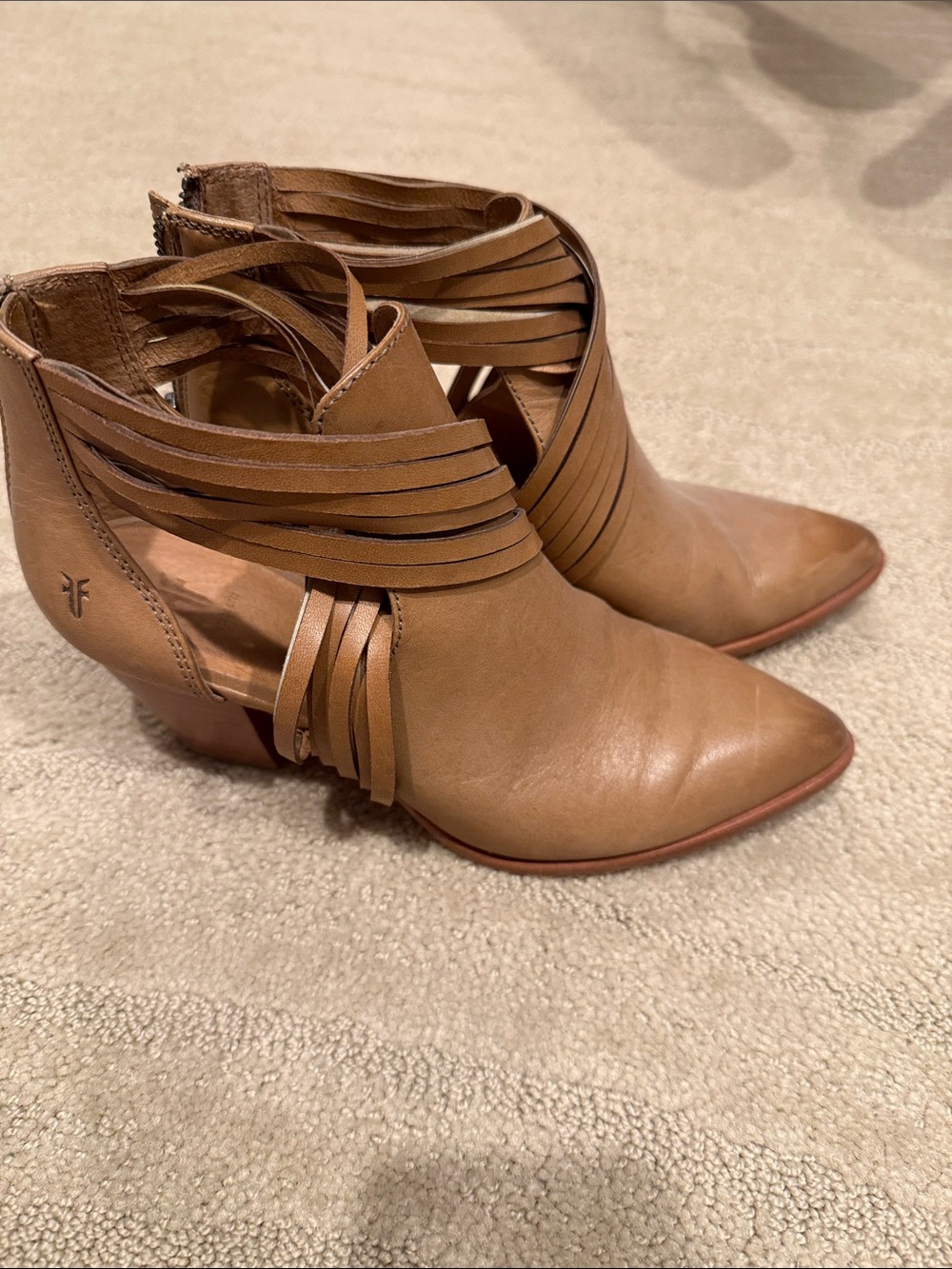 Frye Tan Leather Fringe Ankle Booties